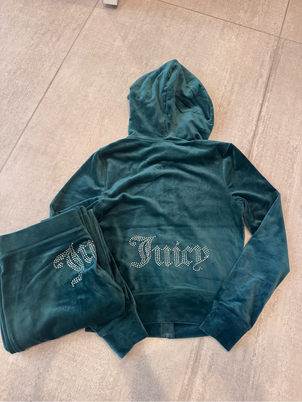 Juicy Couture Teal Velour Hoodie Jacket with Rhinestone 'Juicy' Back